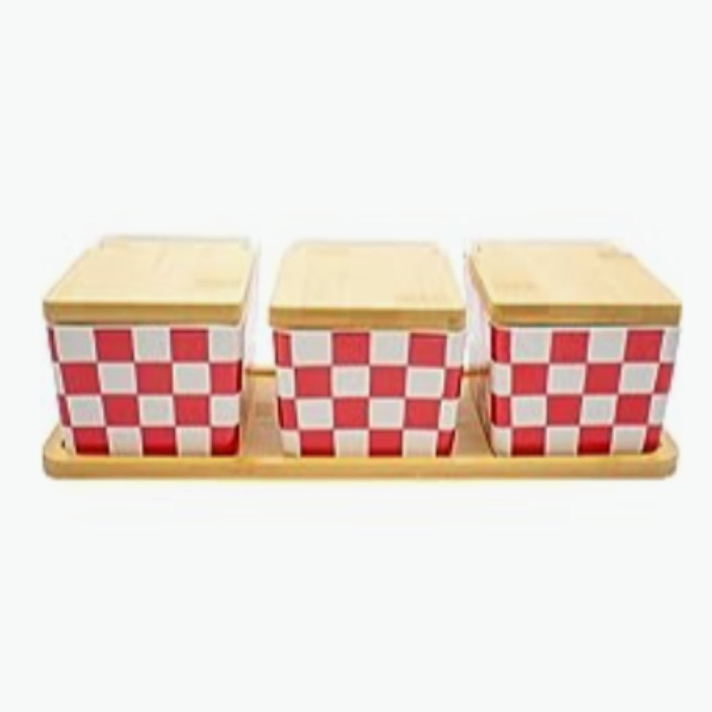 Checkered Pattern Ceramic Condiment Spice Jars w/ Bamboo Lids, Spoons & Tray